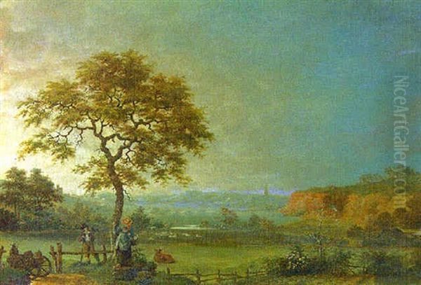 Figures By A Tree In A River Landscape Oil Painting by John Cranch