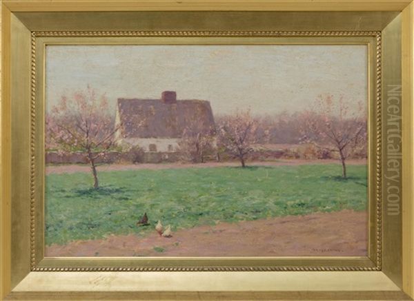 Farm Landscape With House, Chickens And Blossoming Apple Trees Oil Painting by Bruce Crane