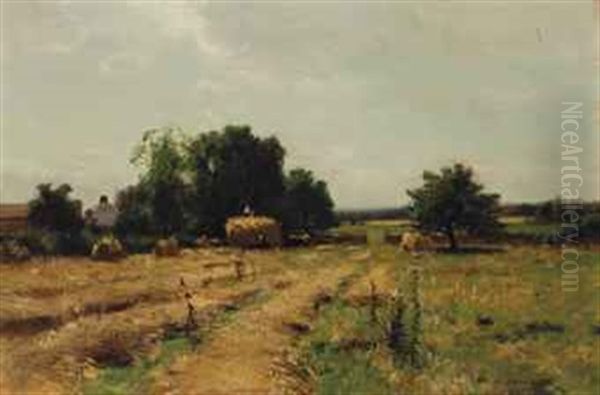 Summer Landscape With Figures Haying Oil Painting by Bruce Crane