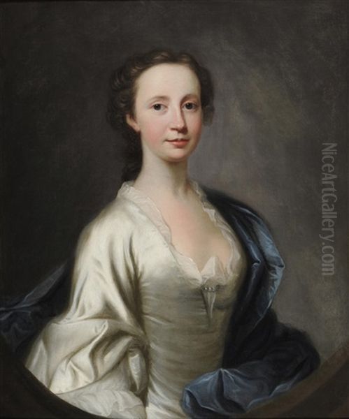 Portrait Of A Lady, Half Length, Wearing A Cream Satin Dress And Blue Robes Oil Painting by James Cranke