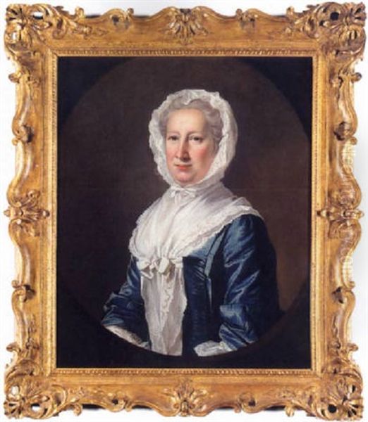 Portrait Of Catherine Fleming, Lady Leicester, Wearing A Blue Dress And White Bonnet And Shawl by James Cranke