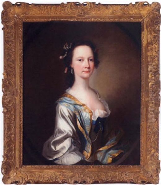 Portrait Of Miss Parker Wearing A White Dress And Blue Cloak Oil Painting by James Cranke