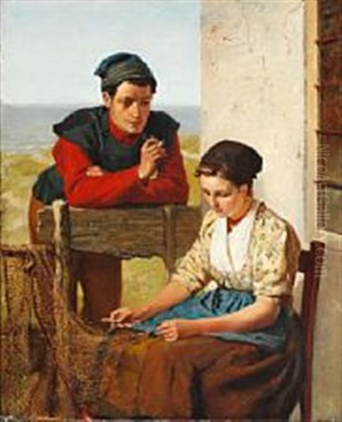 A Young Fisherman Flirting With A Girl Repairing A Fishing Net Oil Painting by Johannnes Marinus Schmidt Crans