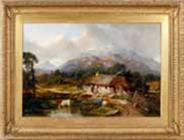 Mountainside Hamlet With Figures, Farm Animals And Cottages In A Landscape Oil Painting by James Hall Cranstoun