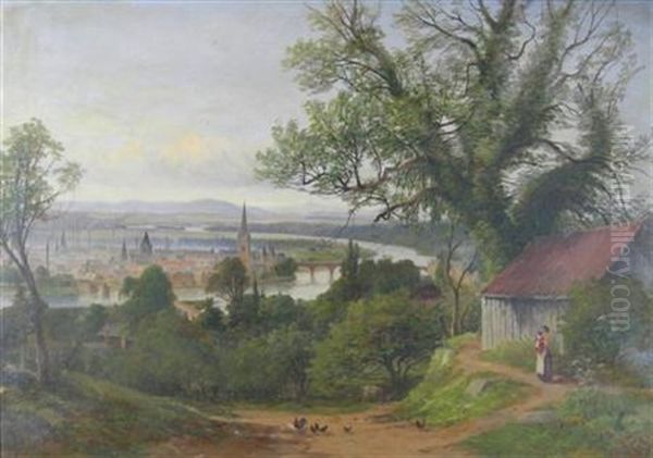 Perth Seen From A Distance With A Cottage And Figures In The Foreground Oil Painting by James Hall Cranstoun