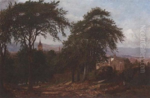 Figures Seated By A Wooded Path, A Valley Town Beyond Oil Painting by James Hall Cranstoun