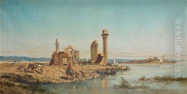 Le Temple D'hermontis, Haute Egypte Oil Painting by Louis Amable Crapelet