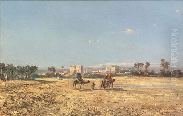 Agyptische Landschaft Mit Kamelreitern (+ Agyptische Landschaft Mit Tor; Pair) Oil Painting by Louis Amable Crapelet