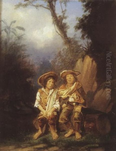 Deux Hommes Assis Sur Un Tronc D'arbre, Amerique Du Sud Oil Painting by Louis Amable Crapelet