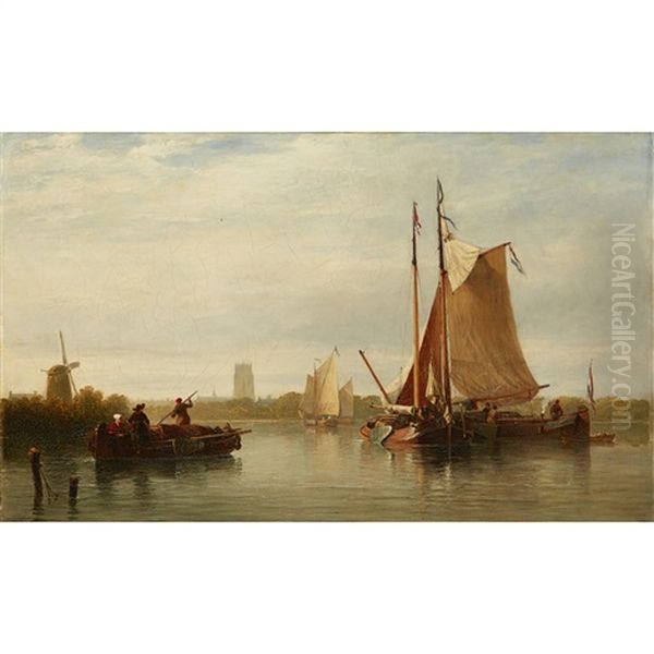 Barges On A Dutch Canal Oil Painting by Edmund Thornton Crawford