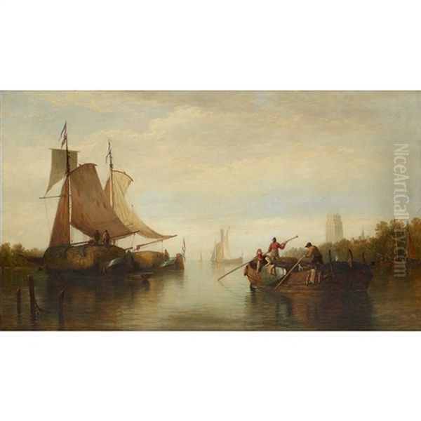 Dutch Hayboats Off Dordrecht Oil Painting by Edmund Thornton Crawford