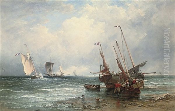 French Fishing Boats, Luggers And Fishing Smacks, Ebb Tide Oil Painting by Edmund Thornton Crawford