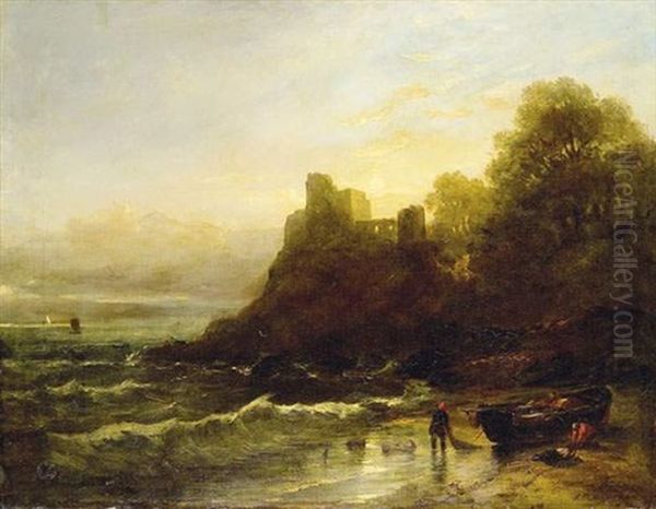 Pecheur Au Pied D'un Chateau En Ruine Oil Painting by Edmund Thornton Crawford