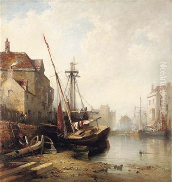 A Dutch Shipping Port Oil Painting by Edmund Thornton Crawford