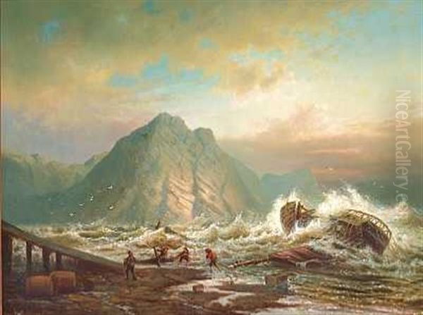 Somaend Slaeber Et Skibsvrag I Land Pa En Klippekyst I Hardt Vejr Oil Painting by Edmund Thornton Crawford