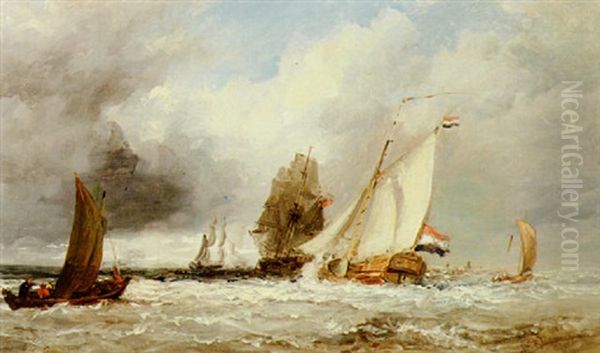 A Dutch Yacht Running Out To Sea Astern Of A Man-o-war Oil Painting by Edmund Thornton Crawford