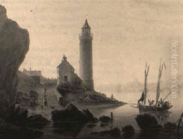 A View Of An Estuary With Figures In A Ferry Approaching A Lighthouse Oil Painting by Edmund Thornton Crawford