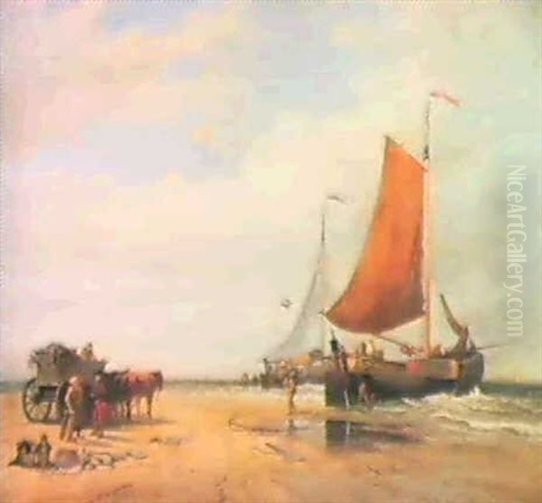 Scheveningen; Fishing Boats Landing Fish Oil Painting by Edmund Thornton Crawford