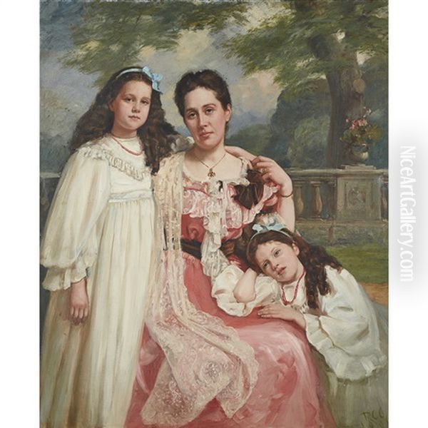 Portrait Of Mrs Henderson And Her Daughters, Maysie And Lesley Oil Painting by Robert Cree Crawford