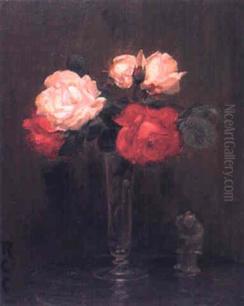 Red And White Roses In A Vase Oil Painting by Robert Cree Crawford