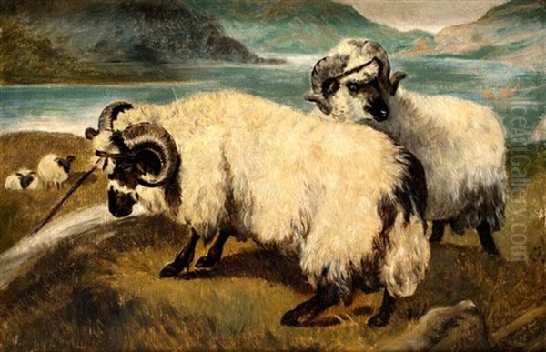 Highland Sheep By A Loch Oil Painting by Joseph Crawhall