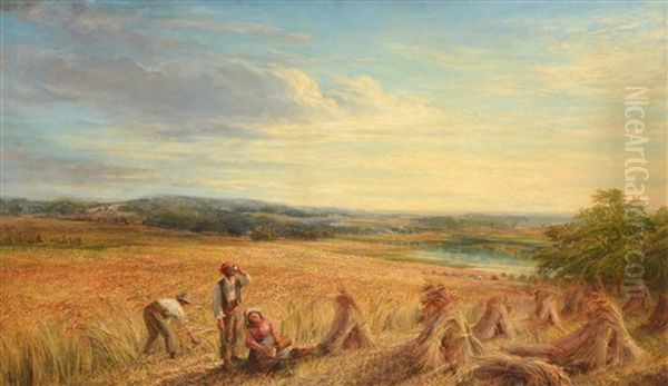 Figures At Rest And Sheathing Corn In An Extensive Landscape Oil Painting by Lionel Townsend Crawshaw