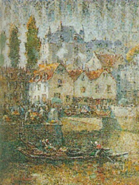 A Bustling Harbour Scene, Normandy Oil Painting by Lionel Townsend Crawshaw