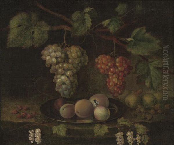 Peaches On A Pewter Platter, Grapes On The Vine, White Currents, Pears And Rasberries On A Table Oil Painting by George Cray