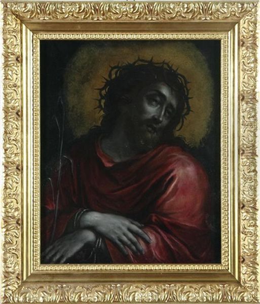 Mezzo Busto Di Gesu Con La Corona Di Spine E Palma In Mano, In Manto Rosso Oil Painting by Caspar de Crayer