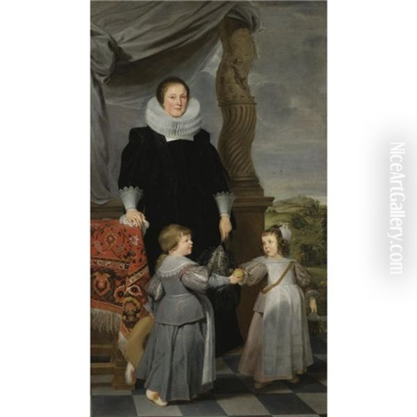 Portrait Of Mechteld Lintermans And Her Two Children, Jan Baptist Bierens (?) And Maria Magdalena Oil Painting by Caspar de Crayer