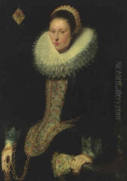 Portrait Of A Lady Of The Pelfrom Family, Three-quarter Length, In A Black Dress, Holding A Chain Oil Painting by Caspar de Crayer