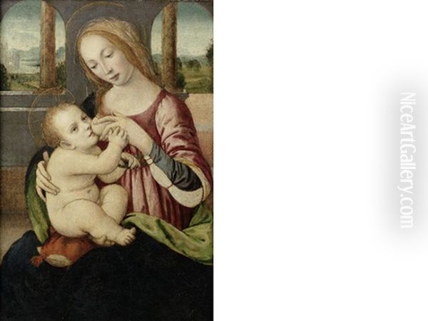 The Madonna And Child, Seated In A Loggia Before An Open Landscape Oil Painting by Lorenzo Di Credi