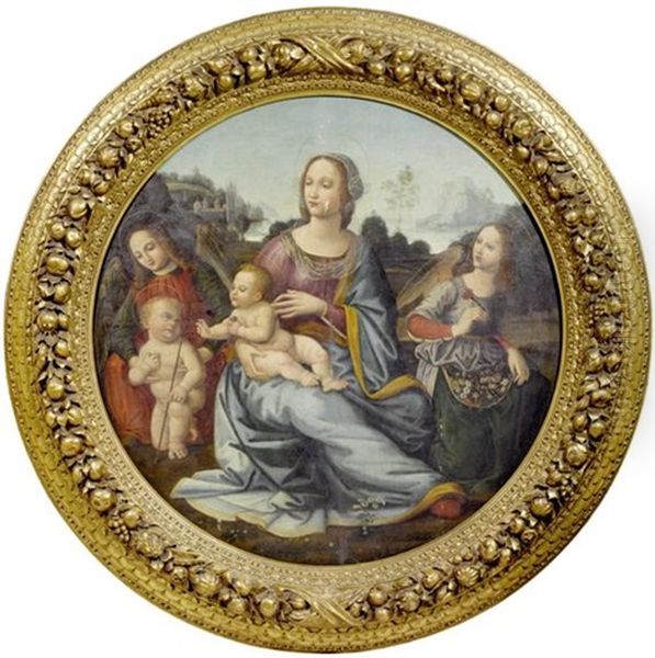 Madonna Mit Kind, Johannes D. Taufer Und Zwei Engeln Oil Painting by Lorenzo Di Credi