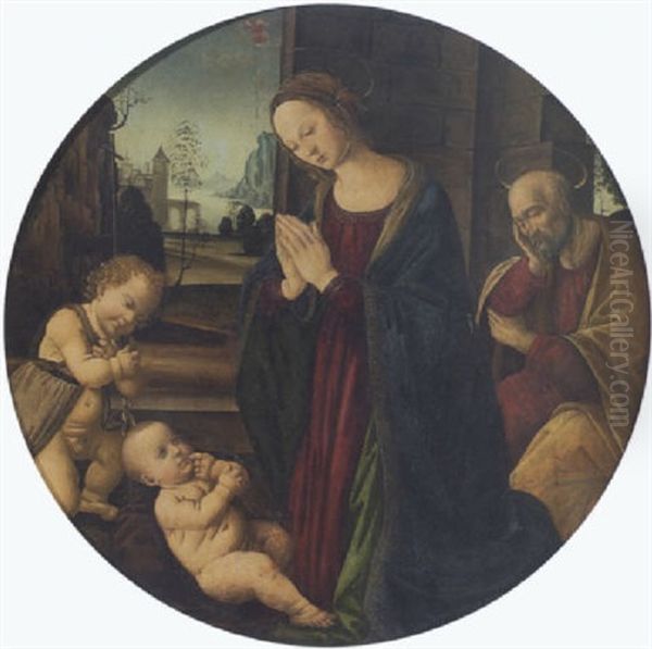 Die Heilige Familie Mit Dem Johannesknaben Vor Mauerwerk Oil Painting by Lorenzo Di Credi