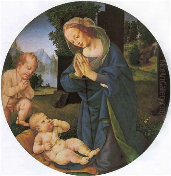 L'adorazione Del Bambino, Con L'annuncio Ai Pastori Oil Painting by Lorenzo Di Credi