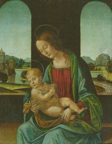 Madonna Mit Kind Vor Rundbogenfenstern Mit Ausblick In Landschaft Oil Painting by Lorenzo Di Credi