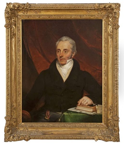 A Portrait Of Arthur Guinness Ii, Half Length, Seated Wearing A Black Coat And White Stock, His Hand Resting On A Book And Papers Oil Painting by Martin Cregan