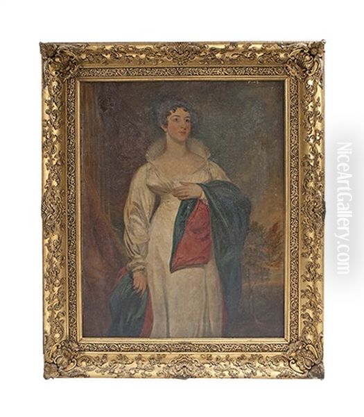 A Portrait Of A Woman, Called Lady Gort, Standing Three-quarter Length In A Landscape, Wearing A White Dress And Cloak Oil Painting by Martin Cregan