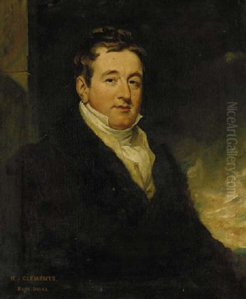 Portrait Of Colonel Henry John Clements Of Ashfield, Co. Cavan, Seated In A Brown Coat Fur-lined Oil Painting by Martin Cregan