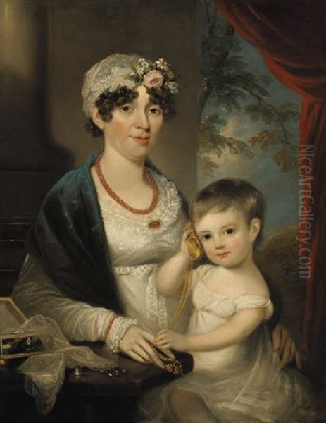 Portrait Of A Mother And Child From The Evans Family, Seated Beside An Open Sewing-box Upon A Table, A Wooded Landscape Beyond Oil Painting by Martin Cregan