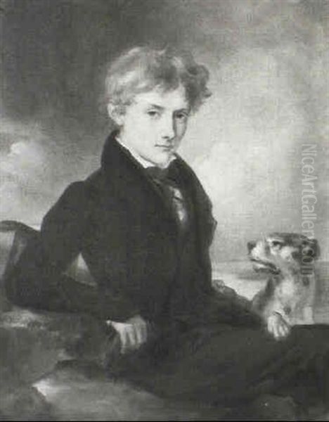 Portrait Of A Young Gentleman, Seated Three Quarter Length  With His Dog, In A Coastal Landscape Oil Painting by Martin Cregan