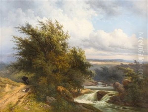 Wanderer Mit Hunden In Sturmischer Landschaft Oil Painting by Gerard Crehay