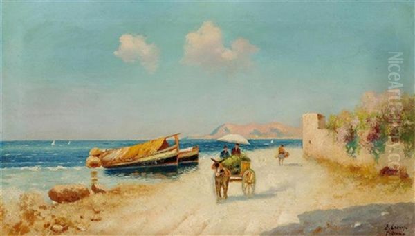 Donkey And Cart At The Sea Oil Painting by Erminio Cremp