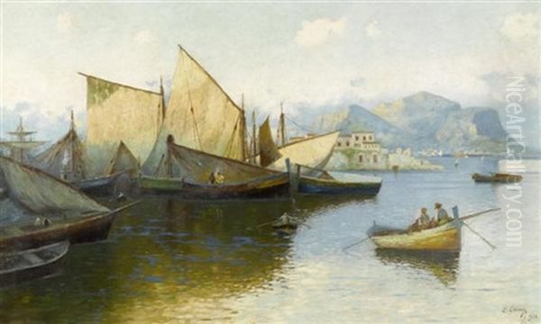 Kustenszene Mit Segelschiffen In Suditalien Oil Painting by Erminio Cremp