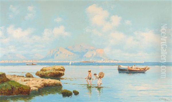 Fischende Kinder In Der Bucht Von Palermo Oil Painting by Erminio Cremp