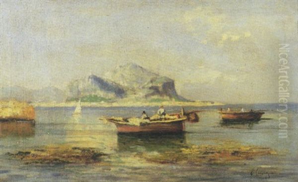 Palermo, Marina Con Barche E Monte Pellegrino Oil Painting by Erminio Cremp