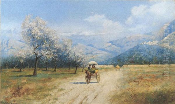 Palermo, Per La Via Tra Gli Alberi In Fiore Oil Painting by Erminio Cremp