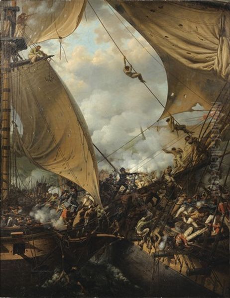 Scene D'abordage, Probablement Le Combat De La Bayonnaise Contre L'embuscade Oil Painting by Louis-Philippe Crepin