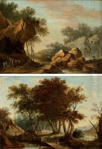 Paysage Au Petit Pont (+ Paysage Au Rocher; Pair) Oil Painting by Louis-Philippe Crepin