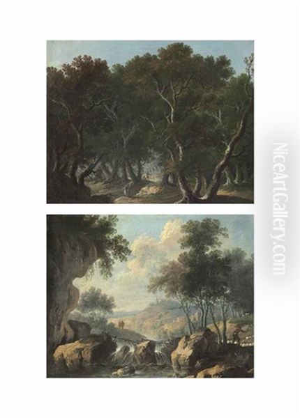 Travelers In A Wooded Landscape (+ Travelers And A Shepherd In A River Landscape; Pair) Oil Painting by Louis-Philippe Crepin